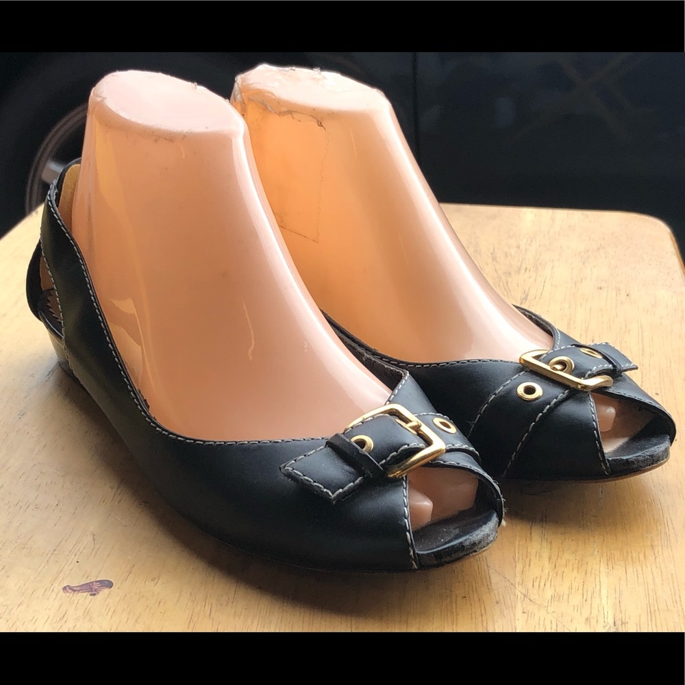 Merona Waverly Black Leather Slip On Open Toe Shoes Size 7.5
